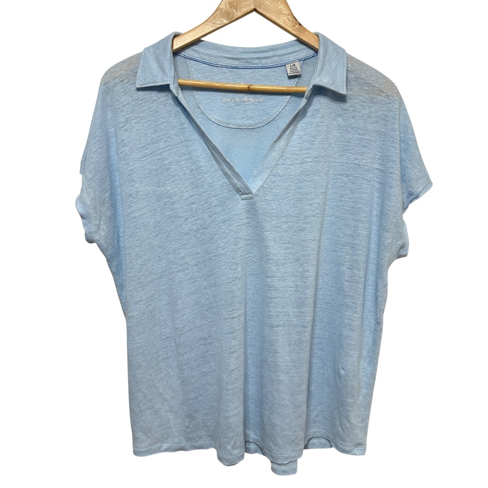 Tommy Bahama 100% Linen Polo Shirt Women Large Blue V-Neck Short Sleeve Casual